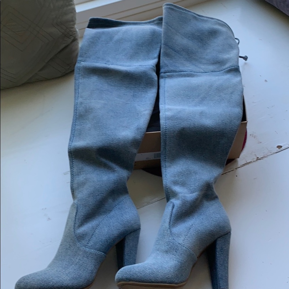Light Blue Denim Thigh High Tie-Back Boots